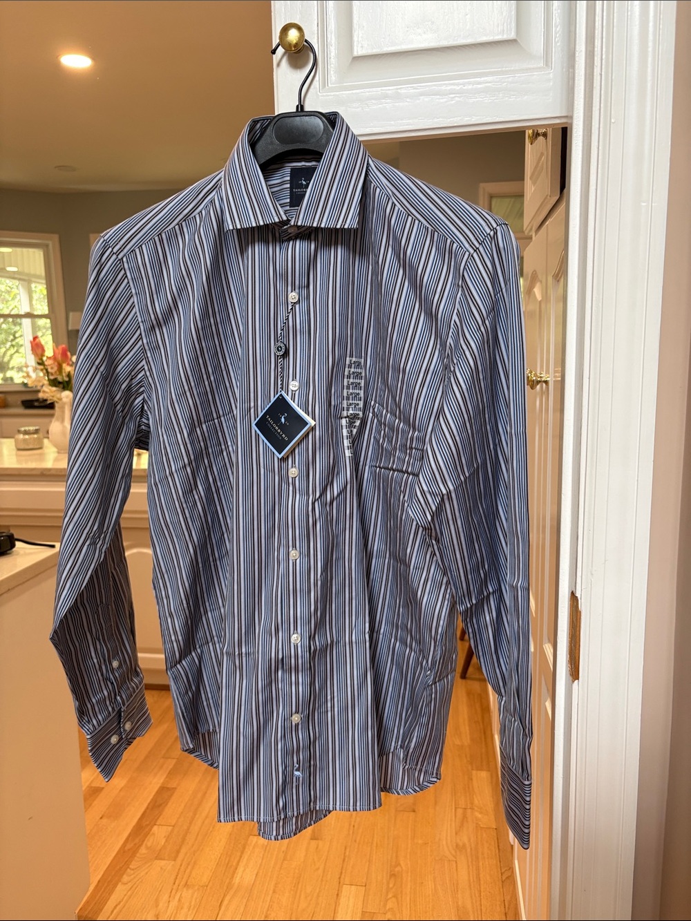 Tailorbyrd Men's Multi-Stripe Dress Shirt in Light Grey, Blue and White